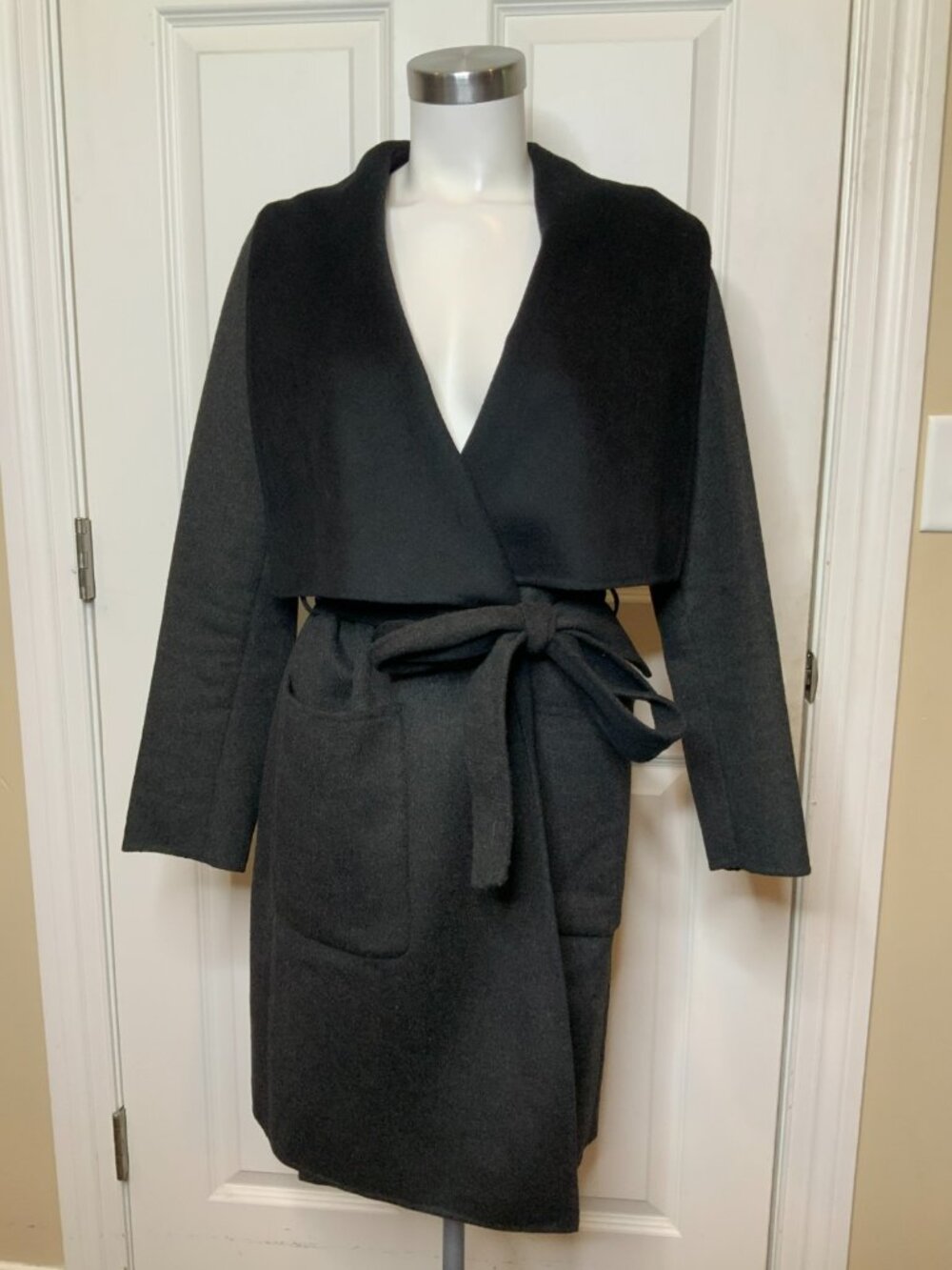 BCBG Max Azria Dark Gray Wool Blend Belted Wrap Coat W/ Black Accents, Size XS